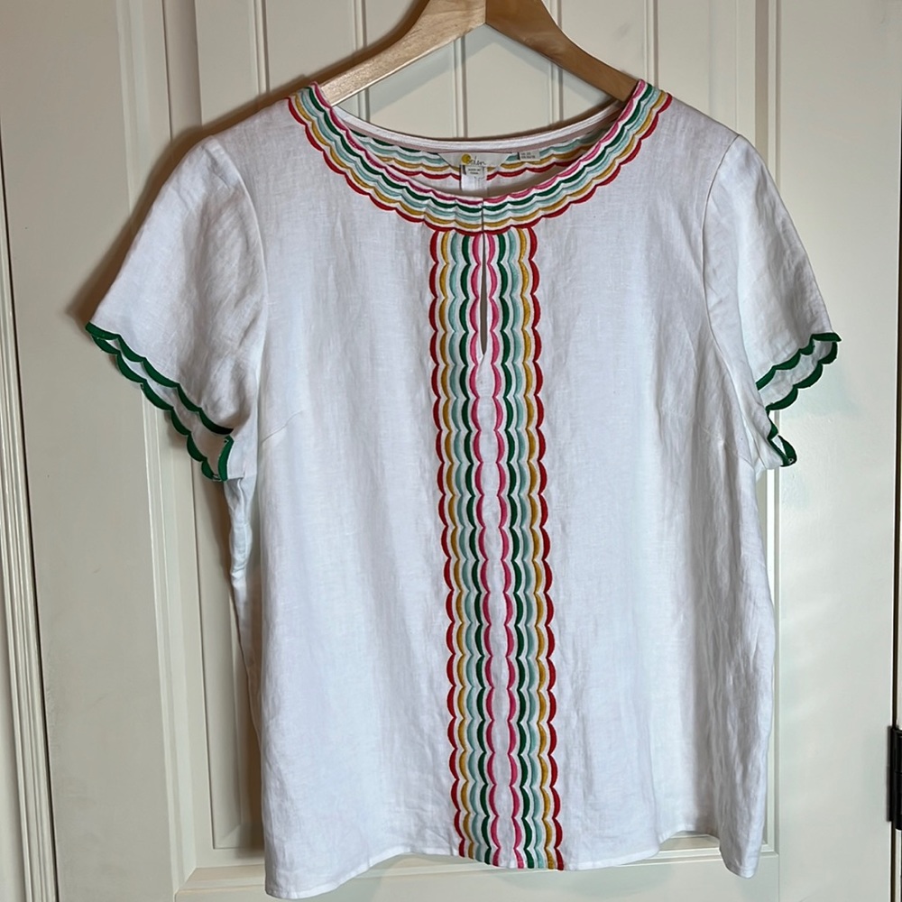 Boden White Linen Top with Multicolor Scalloped Trim